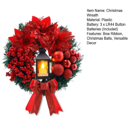 Large Christmas Wreath with Bow Ribbon Christmas Balls Lighted Artificial Pine Branches