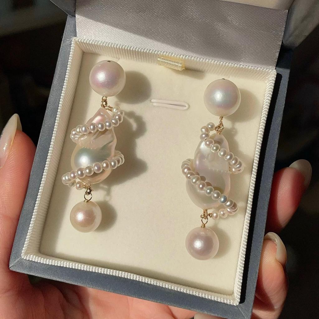 Brilliant Wind and Sea Chen Jiahui Same Earrings Natural Baroque Pearl Stud Earrings Temperament Earrings Silver Needles