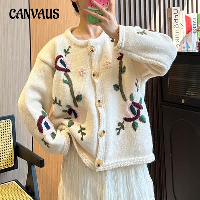 Herbst- und Winter-Damenpullover, Häkelmuster, Stickerei, Blumenstrick-Cardigan-Jacke
