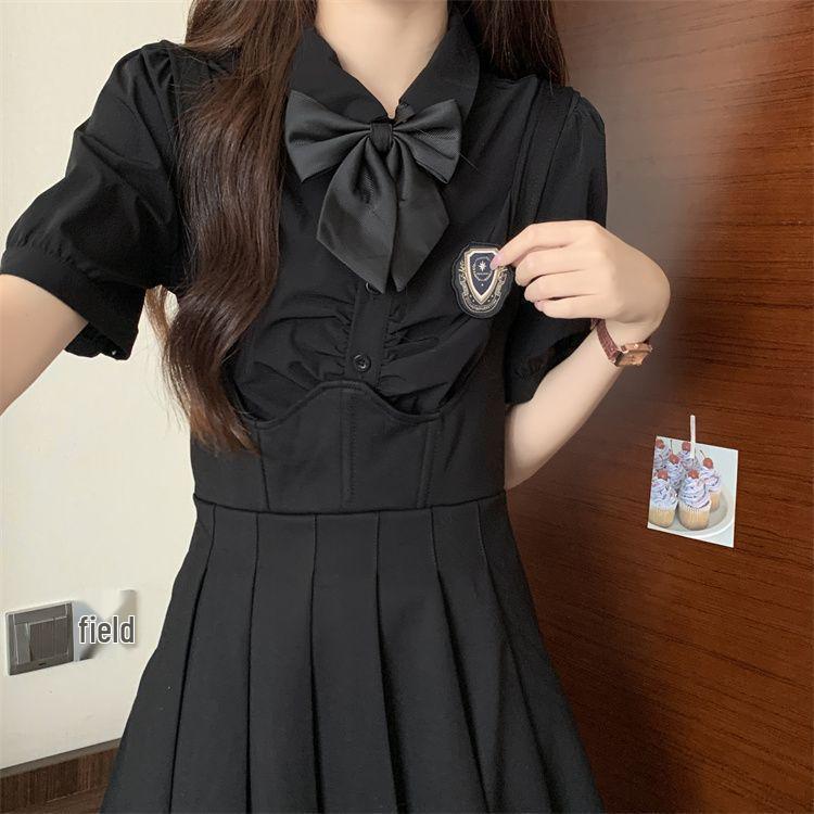 Plus Size Fishbone A-Line Strap Skirt and College Style Shirt Set - Slimming JK Design