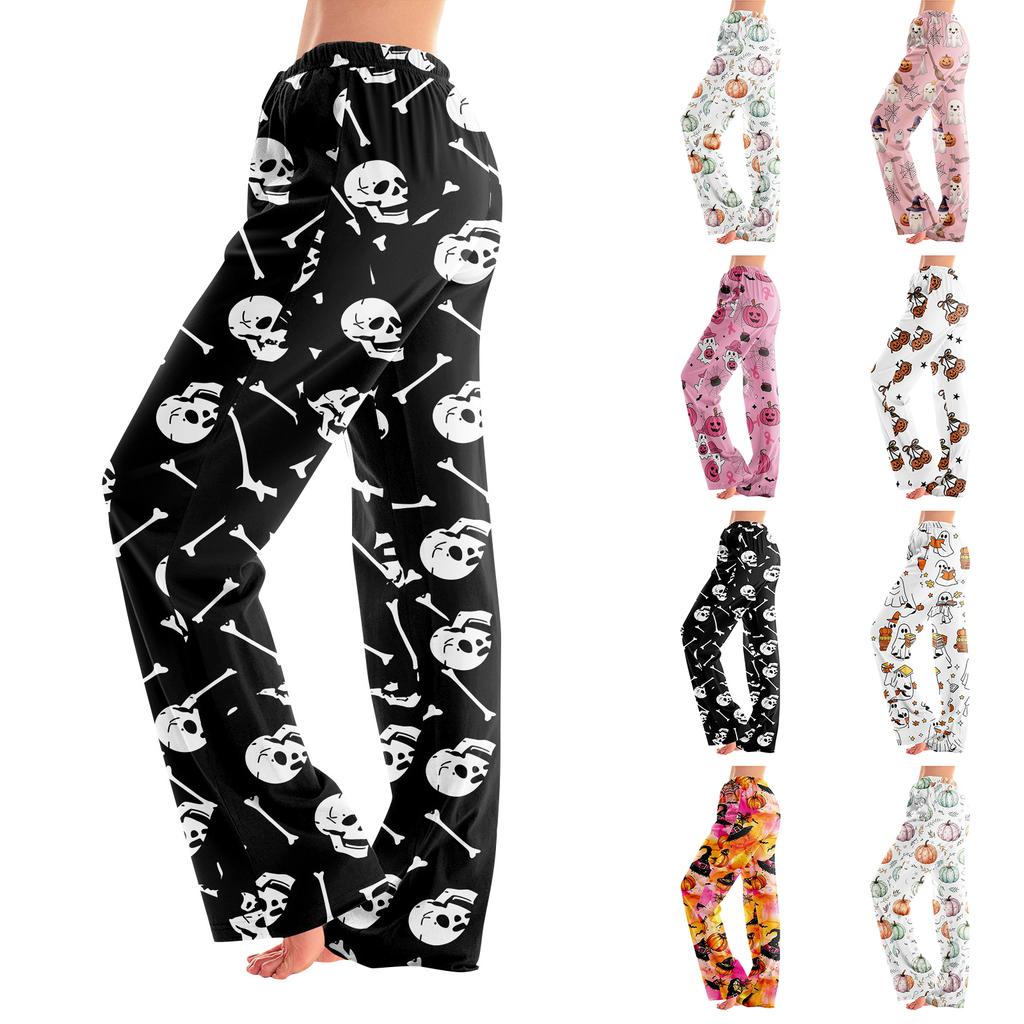 Adult Loose Fit Halloween Printed Pajama Pants with Elastic Waist - No Drawstring