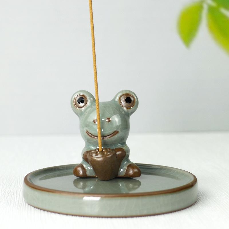 Zen Frog Ceramic Incense Burner and Holder - Ge Kiln Style for Home or Office Decor