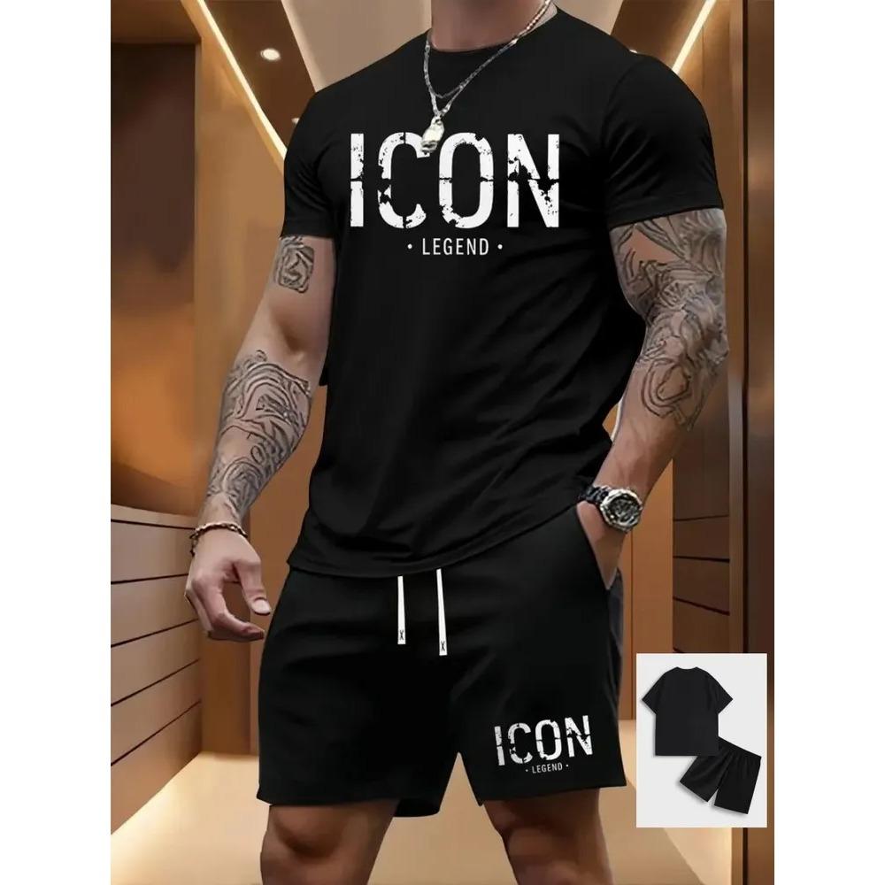 Summer Fashion Comfort Plus Size Sports Leisure Comfortable Two-piece Set Letter Stripes 3D Printing Loose Breathable Men's Sports Wear