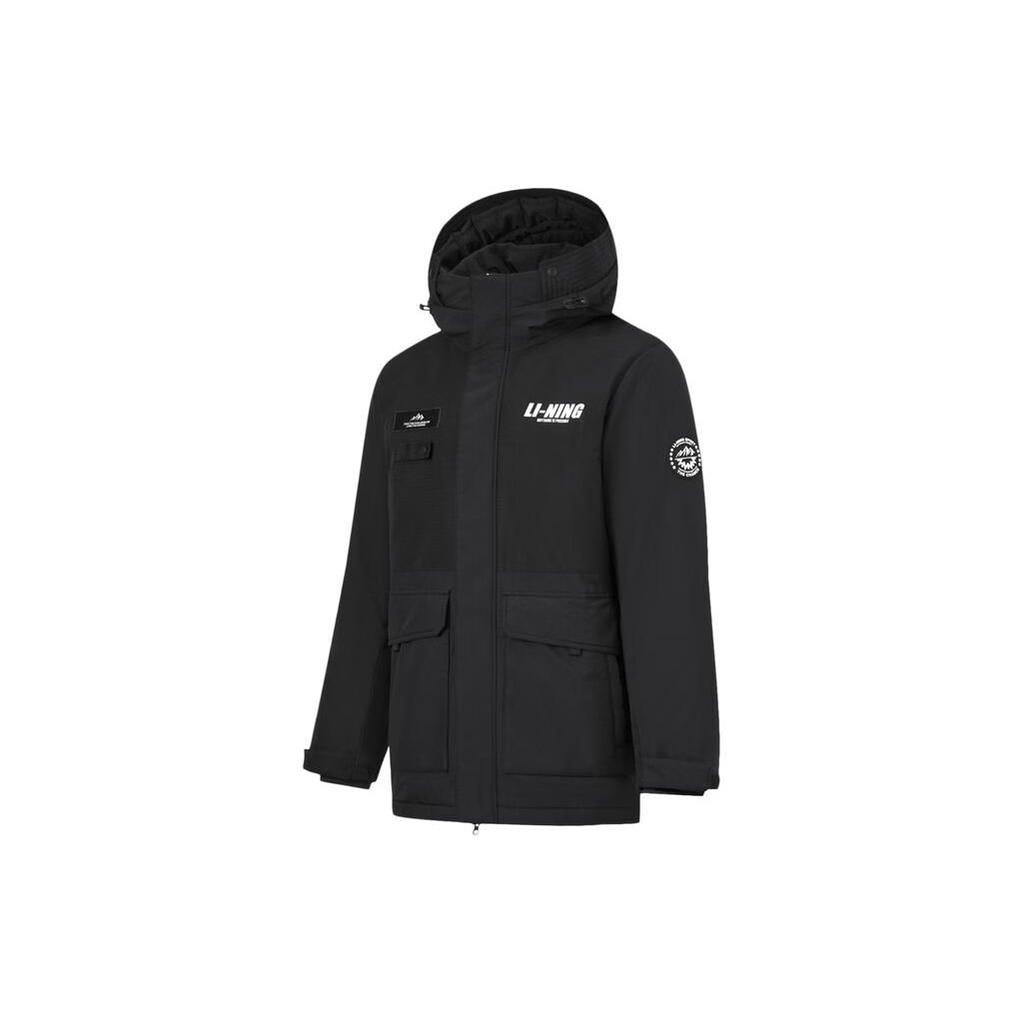 Li Ning Solid Color Mid-Length Hooded Down Jacket Men Outerwear Black AYMT325-7