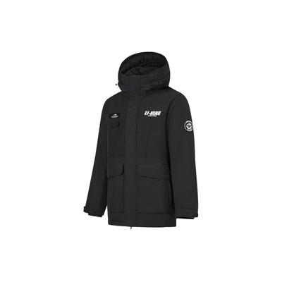 Li Ning Solid Color Mid-Length Hooded Down Jacket Men Outerwear Black AYMT325-7