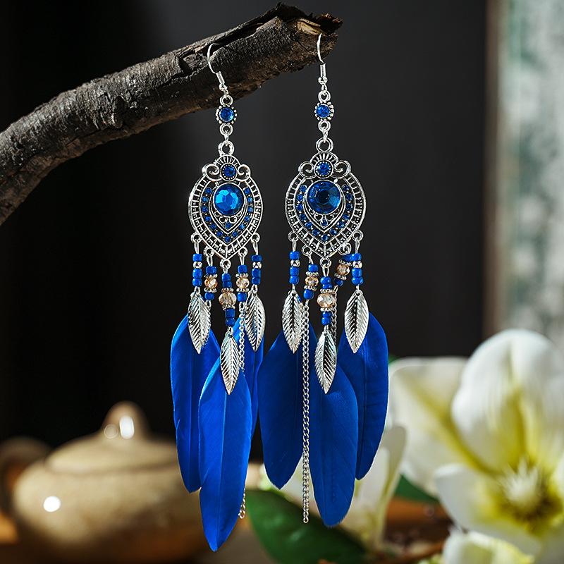 Boho Feather Long Leaf Tassel Drop Earrings For Women Geometric Rhinestone Crystal Beads Handmade Chain Wedding Earrings Jewelry