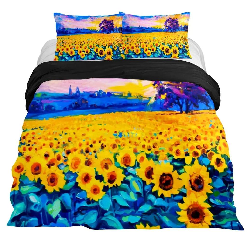 Sunflower Duvet Cover Set Yellow Flower Bedding Set Sunflower Botanical Floral Garden Bloom Print on Black Polyester Quilt Cover