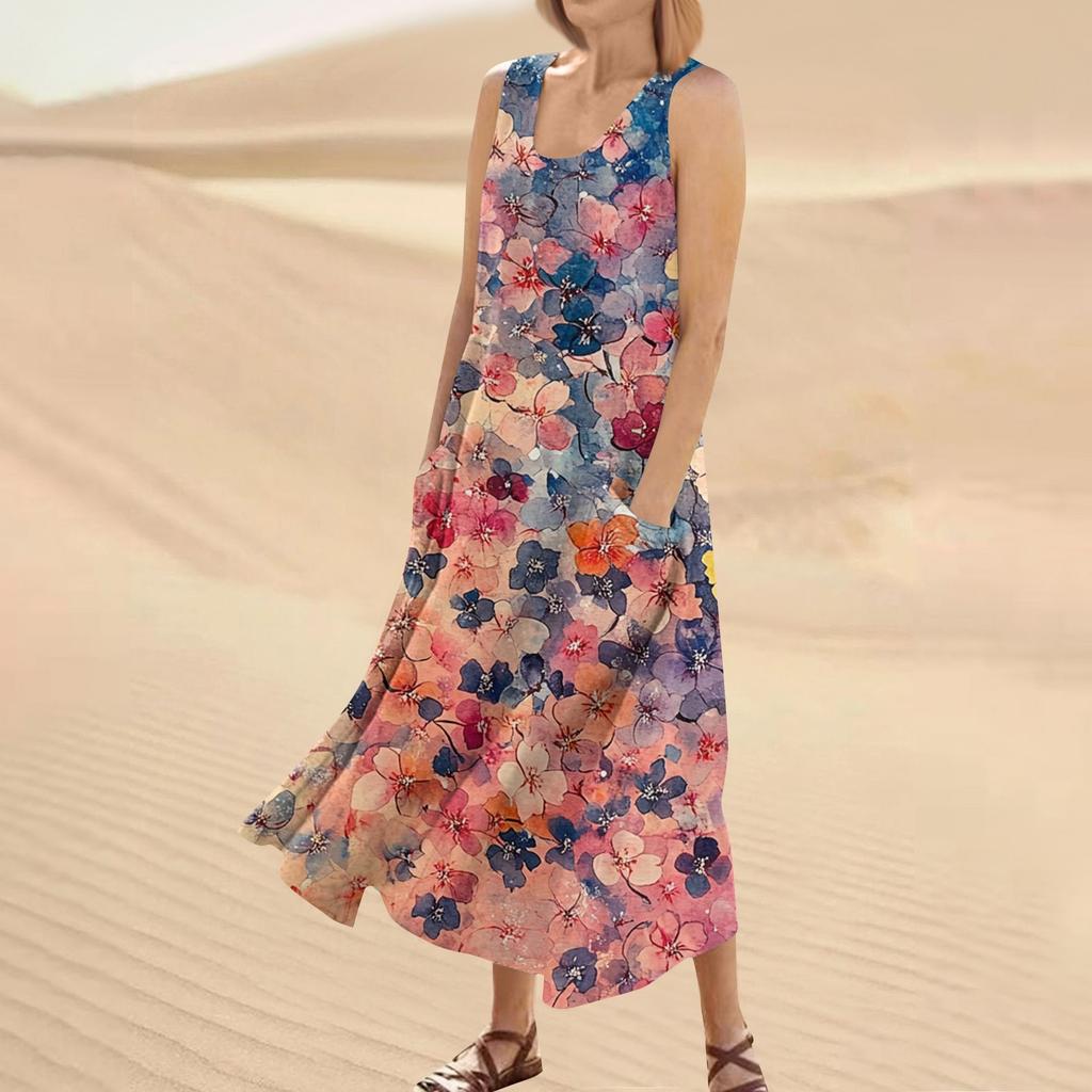 Robe d'été décontractée pour femmes, imprimé floral, sans manches, col rond, poches