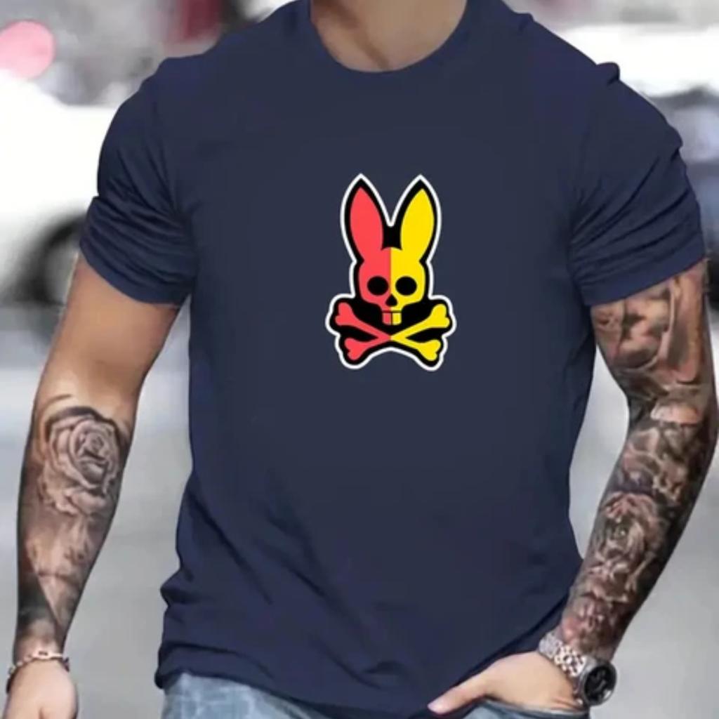 Men's colorful rabbit logo printed T-shirt, hip-hop trend Harajuku street clothing, round neck short sleeved casual top,
