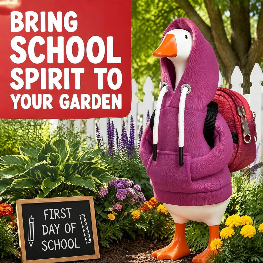 7 Zoll Veranda Gans Outfit Zurück zur Schule Thema Bedrucktes Kleid mit Hut Schultasche Bleistift für Schüler Garten Hof Terrasse Rasen Dekor