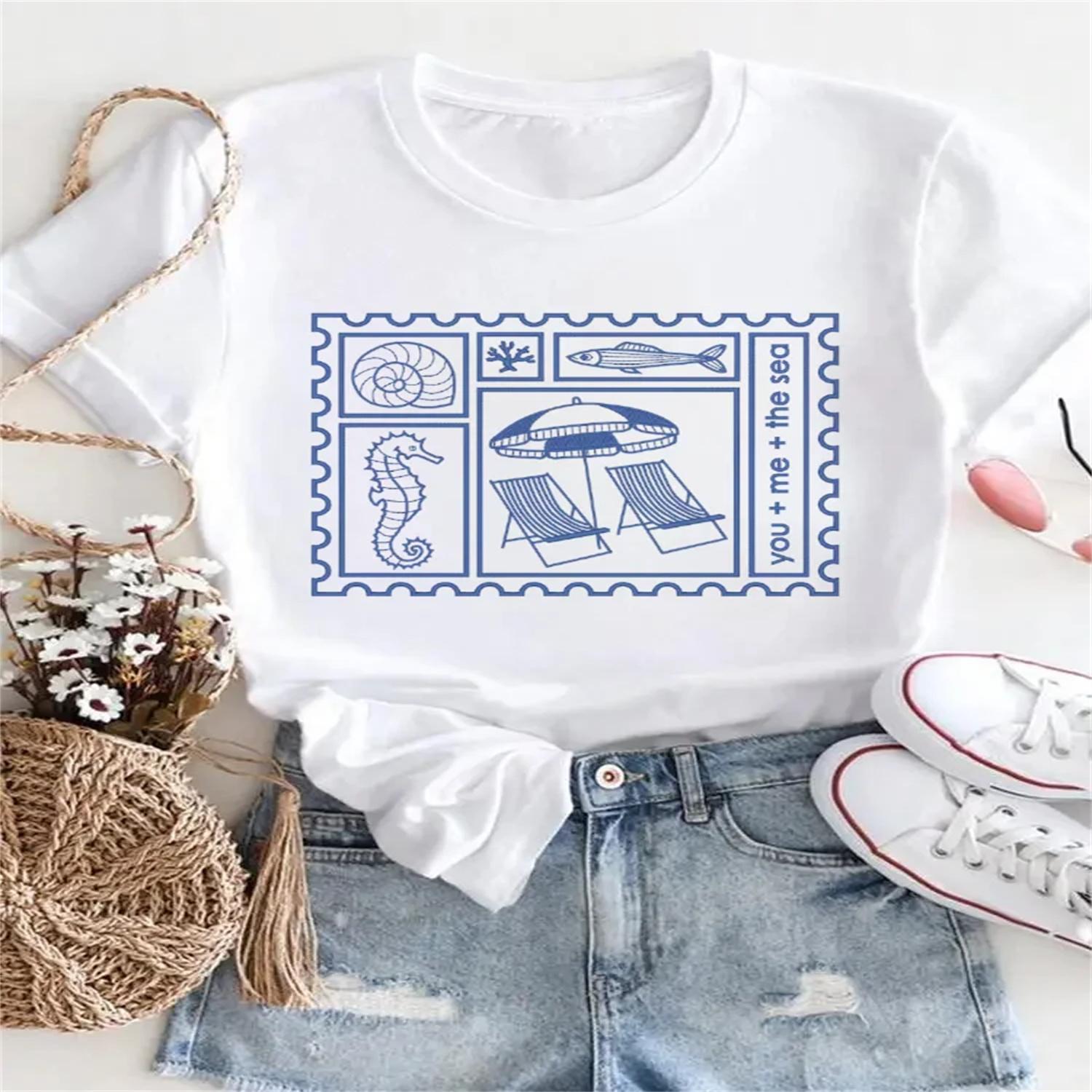 

Beach Travel Trend 2025 Summer Regular Short Sleeved Women s Casual Top Printed White T-Shirt Fashion Pattern Popular T-Shirt XXXXXL білий