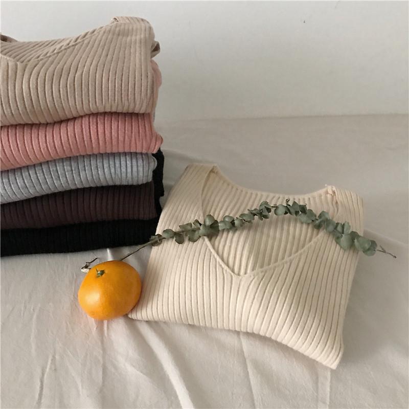 Herbst Neu Langarm V-Ausschnitt Pullover Basis Pullover Damen Winter Slim Fit Casual Strickpullover Damen Mode Kleidung Casual Uni Strickwaren 25285