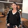 Early Autumn Retro V-Neck Black Hoodie with Bow and Three Stripes