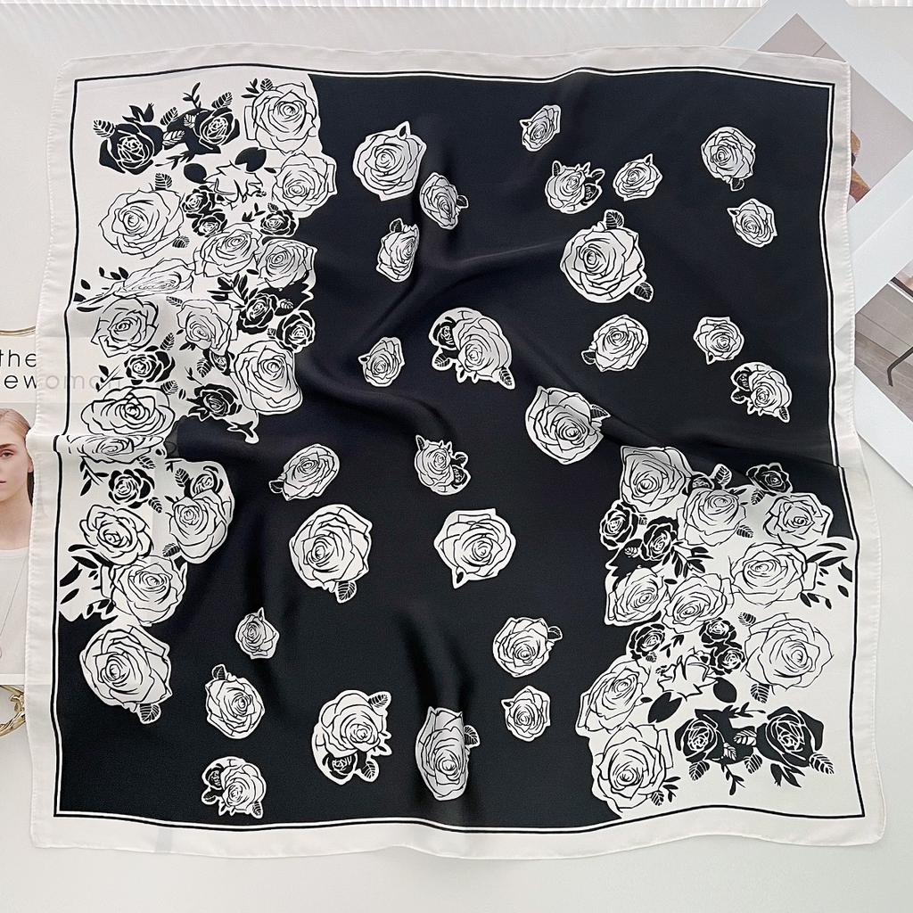 Xiaoxiangfeng rose flower printing silk scarf women's versatile summer imitation silk small square scarf light and simple foreign style scarf