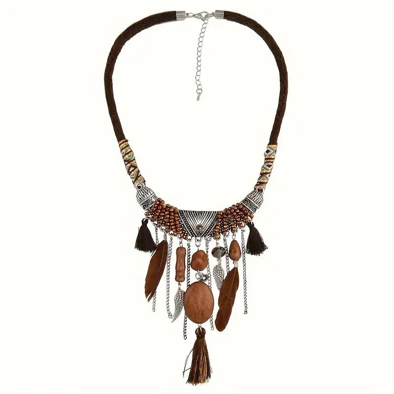 

Vintage Ethnic Chic Turquoise Feather Pendant Necklace for Women Indian Tribe Bohemian Rope Necklaces Jewelry Party Accessories коричневий