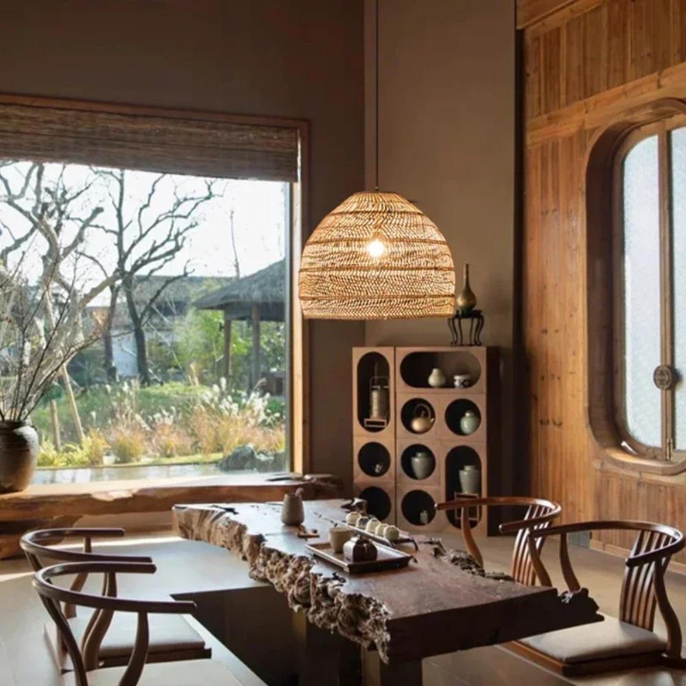 

Rattan Cloche Pendant Lamps Vintage Style Handmake Rattan Light Home Decor Living Room Cafe Kitchen Island Hanging Lamps NO Bulb