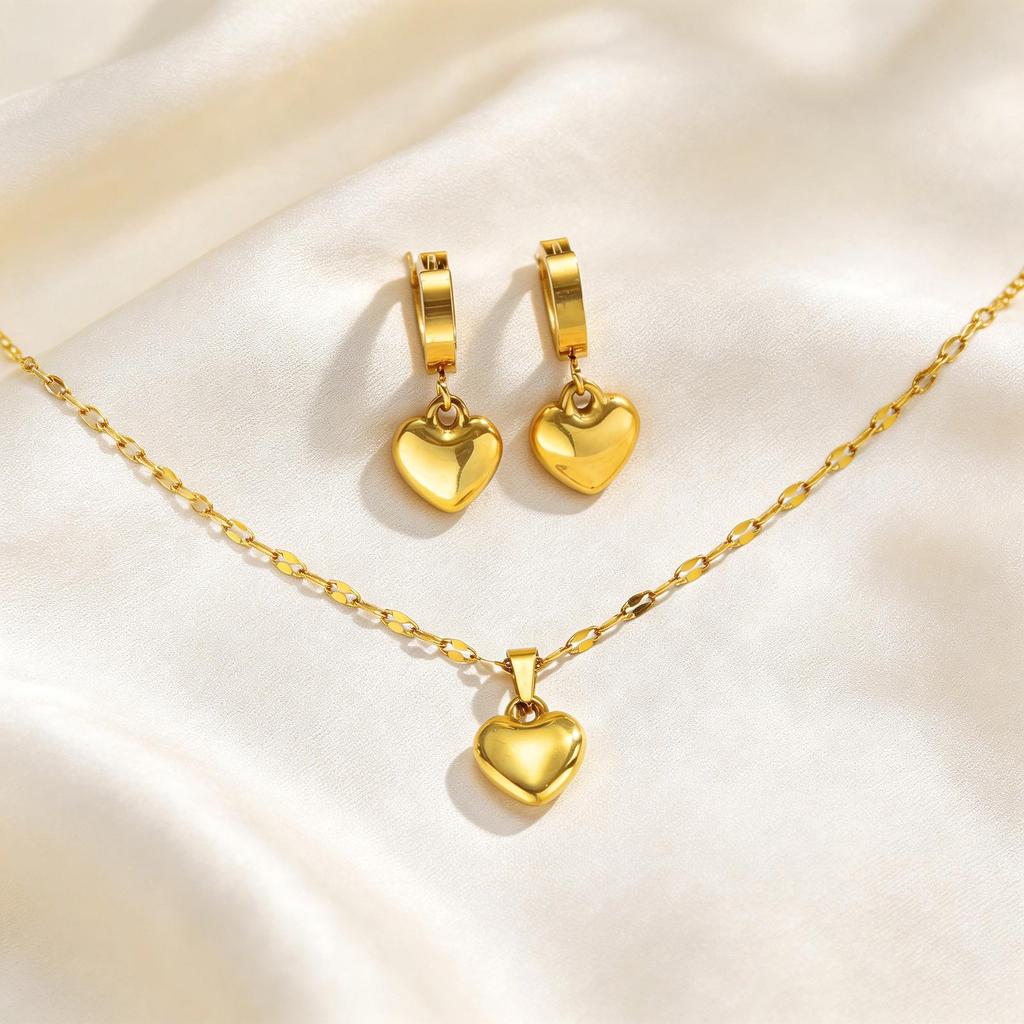High Quality Heart Shape Earrings Necklace Set Gold Plated Love Earrings Necklaces Stainless Steel Set Jewelry Gift for Mother