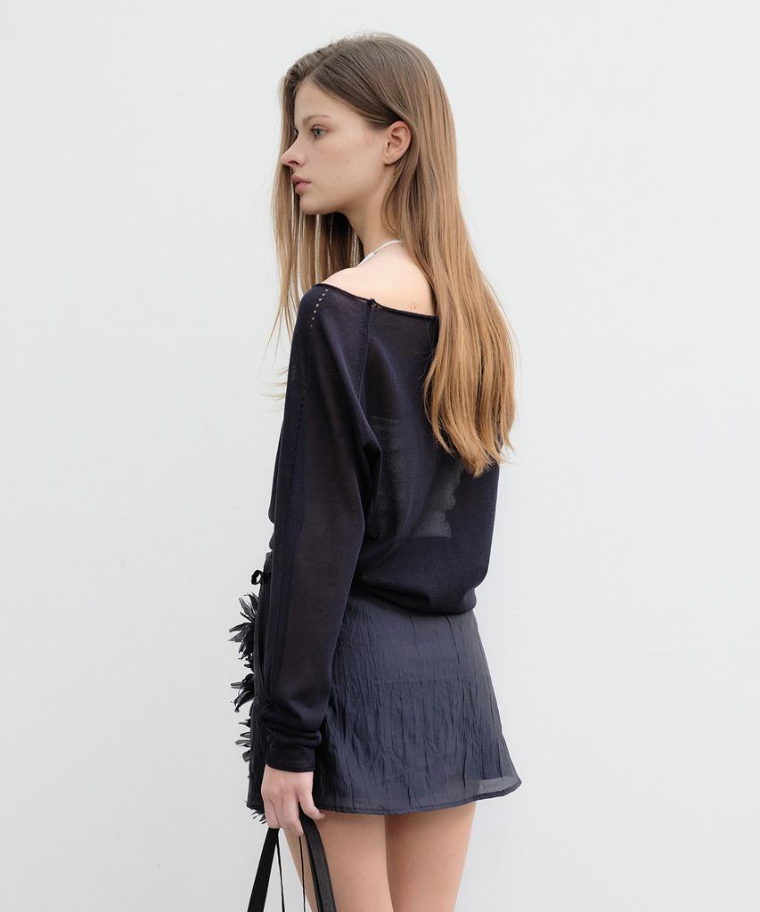 Yunse Sheer Off-Shoulder Knit Top (Navy)