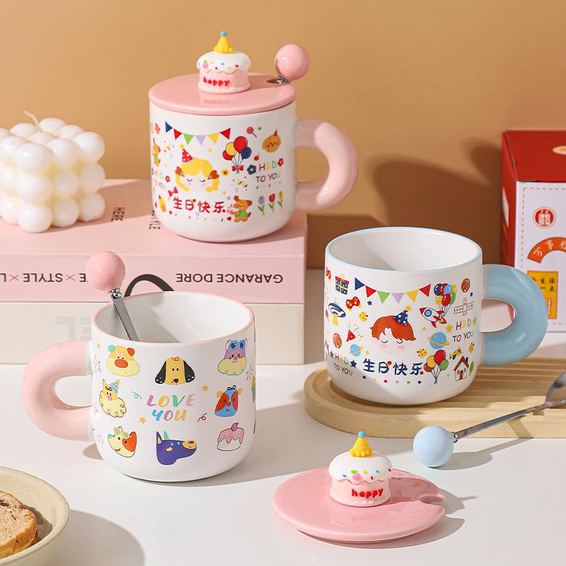 Mug Ceramic Water Cup with Lid Cute Creative Goodies Children Birthday Gift Cake Girl Cartoon