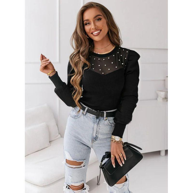 

2025 Mesh Bead Splicing Long Sleeve Solid Color Top Black S