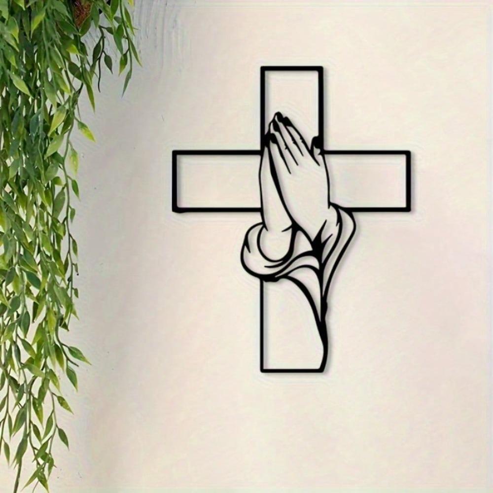 1Pc Vintage Praying Hands Metal Wall Art Black Cross Ora et Formose Inscription Rust Resistant Catholic Decor Christmas Easter Gift