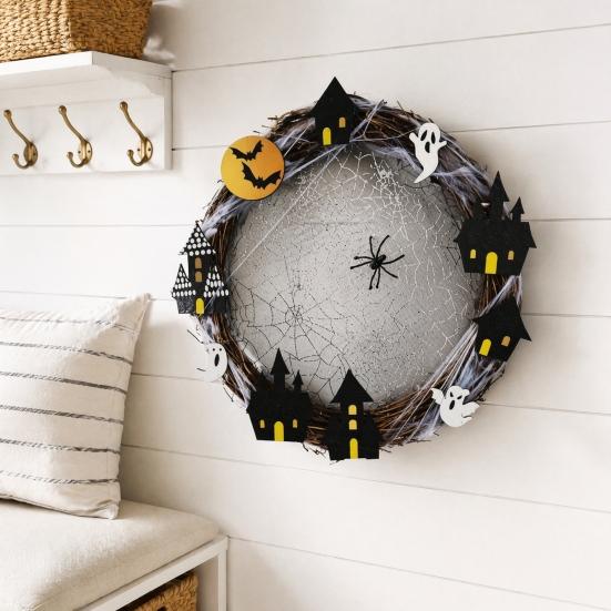 Holiday Festival Pendant Halloween Spider Web Wreath, Spooky Vine Branch Wreath with Ghost Castle Fall Harvest Hanging Ornament Bat for Front