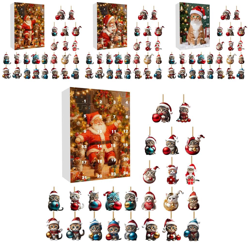 Christmas Countdown Calendar With Adorable Cat Acrylic Ornaments For Gift And Decor