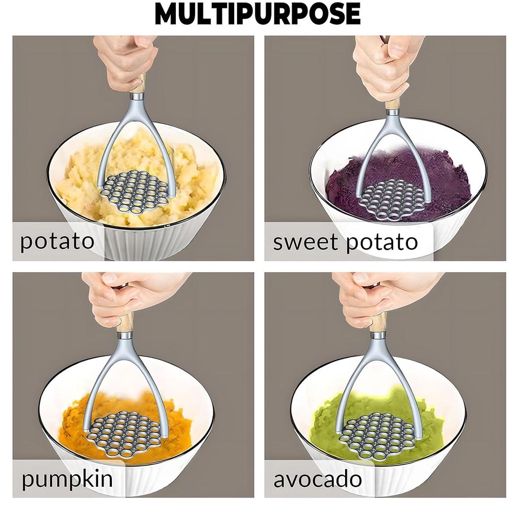 Heavy Duty Potato Masher, Hand Potato Masher Aluminum Alloy Kitchen Tool/Food Masher with Non-slip Wood Handle