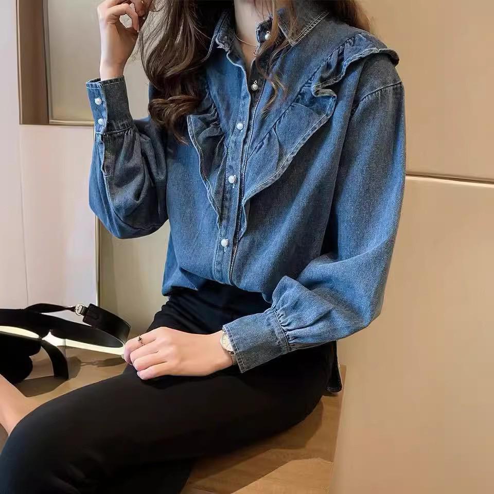 Korejská jarní volánová džínová halenka - Dámská s dlouhým rukávem, slim fit