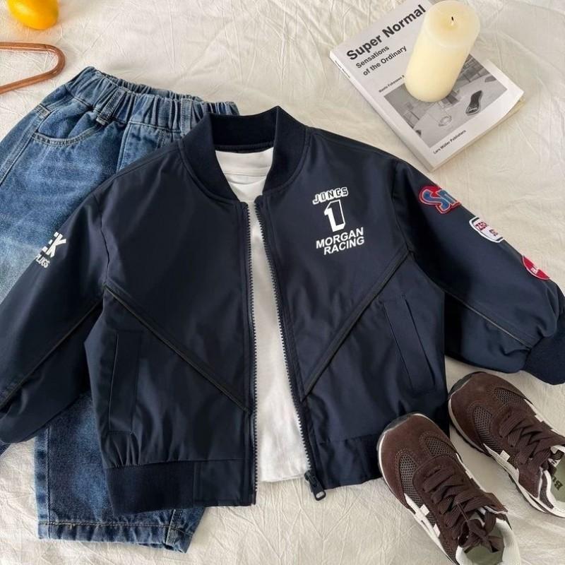 Boys 2026 Casual Baseball Jacket Kids 3-8 Years Thin Long Sleeve Hoodless Outerwear With Letter Print In Navy
