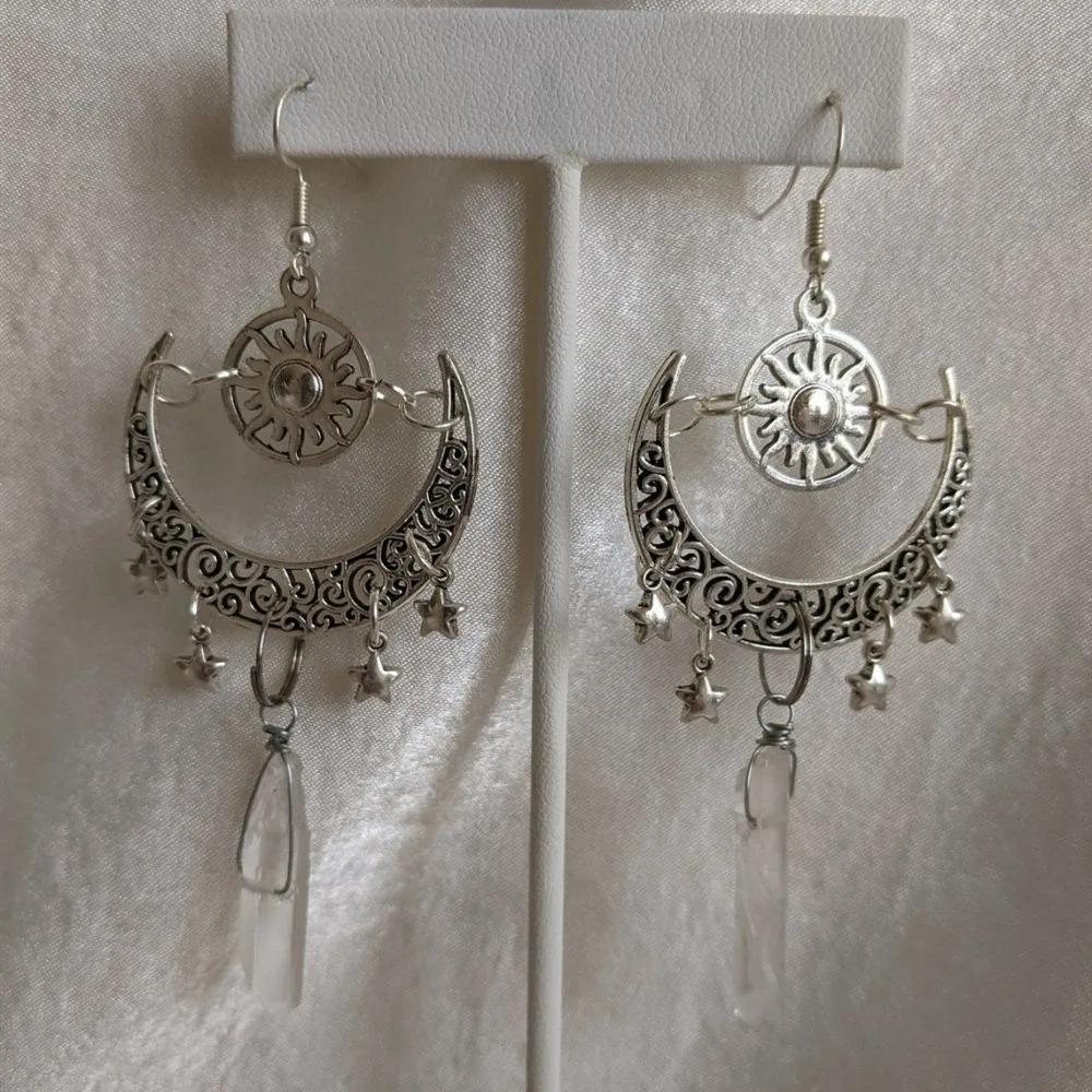 Boho Wykwintne Starożytne Srebro Wzory Ażurowe Kształt Półksiężyca Słońce Gwiazdy Frędzle Wisiorek Wiszące Kolczyki dla Kobiet Biżuteria