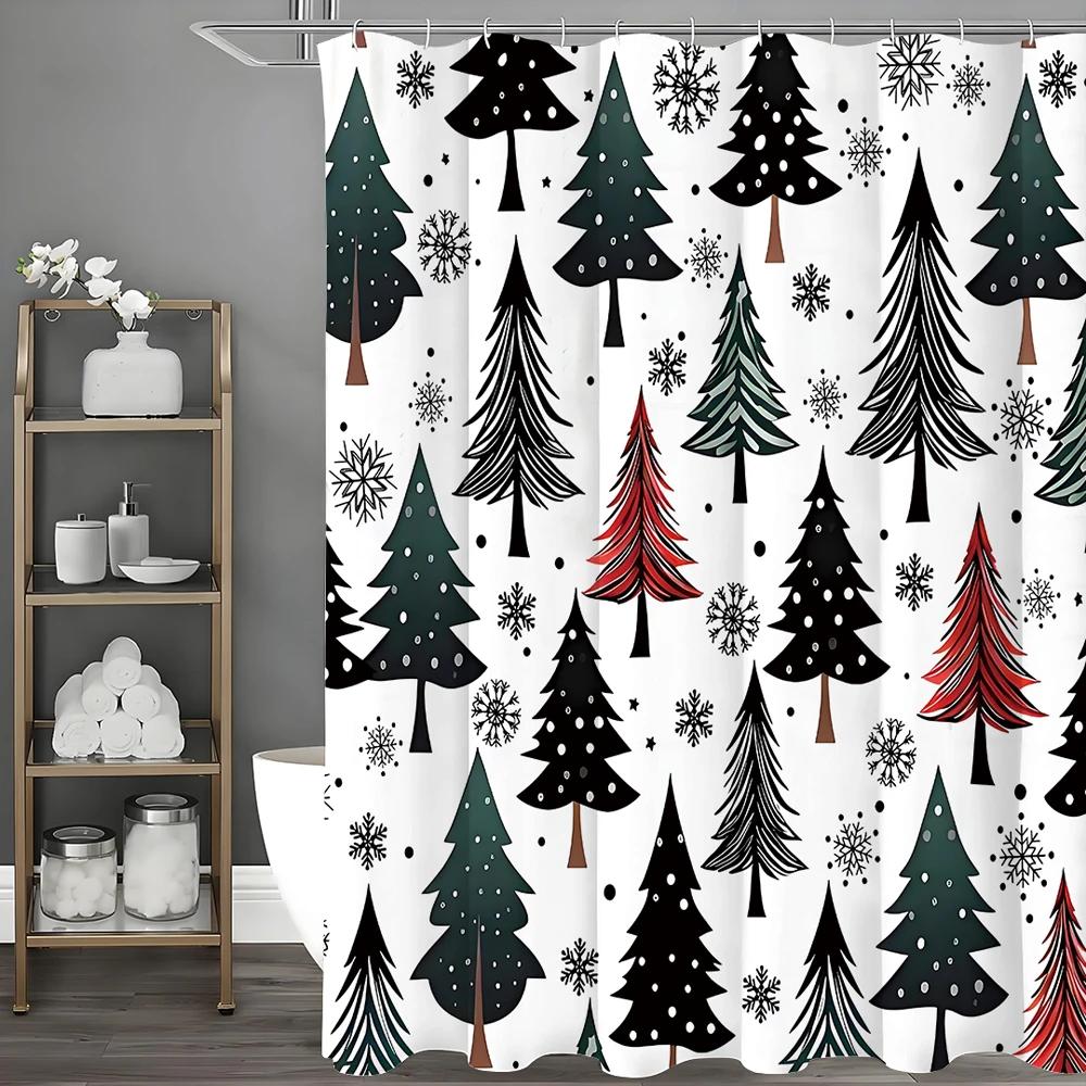 Winter Pine Tree Snowflake Shower Curtain, Bathroom Decorative Shower Curtain, Waterproof Shower Curtain with Hooks