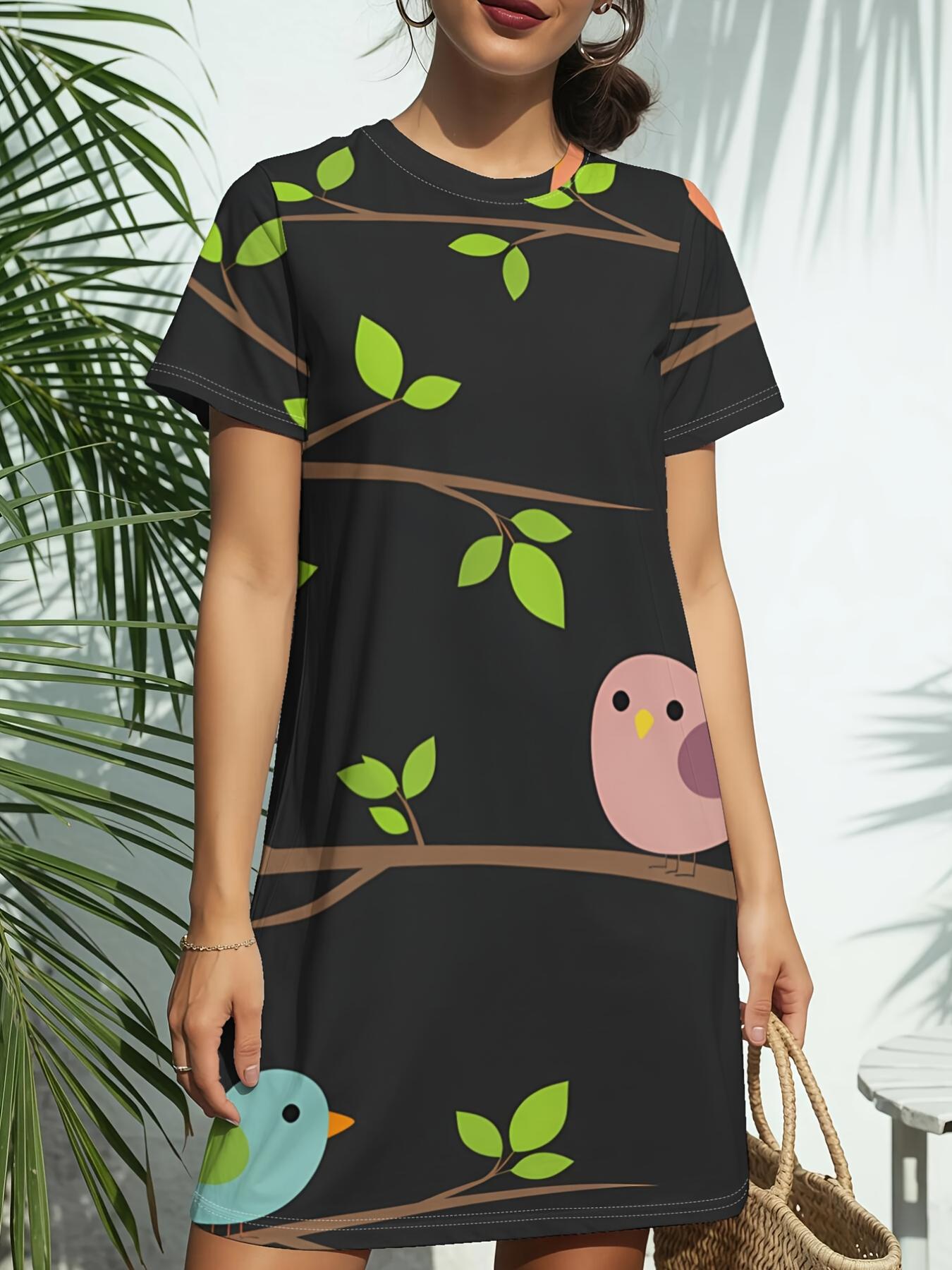 

Women s Short Sleeve T-Shirt Dress with Bird Print Round Neck Short Sleeve Dress - Casual -Line Dress Suitable for Daily Wear. Dates. Birthday Gifts. 5XL