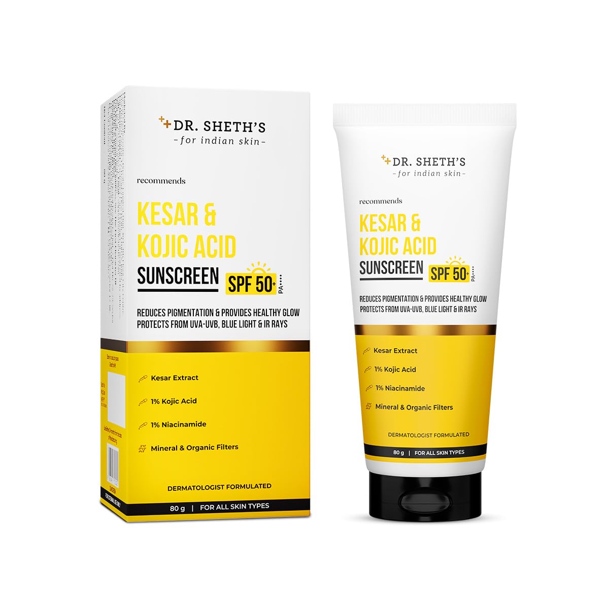

Dr. Sheth s Kesar & Kojic Acid Sunscreen SPF 50+ Pa++++ Lightweight 80 g Pack for All Skin Types