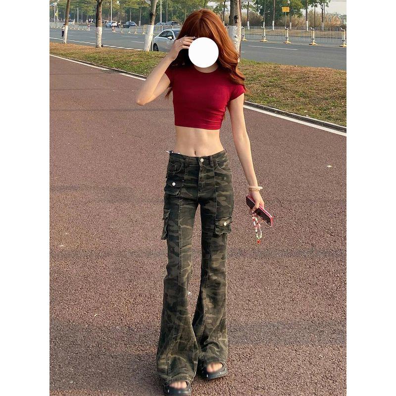 

Plus size American High-Grade Camouflage Micro-Pull Cargo Jeans Women 2025 Summer New Trendy Slim fit Mopping Pants Fan Color [Quality Edition]] 3XL