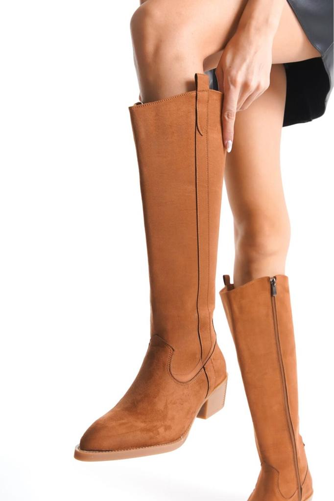 Women Modern Stylish Fashion Boots Faux Leather Suede Pointed Toe Zippered Knee High Tan Suede Boots