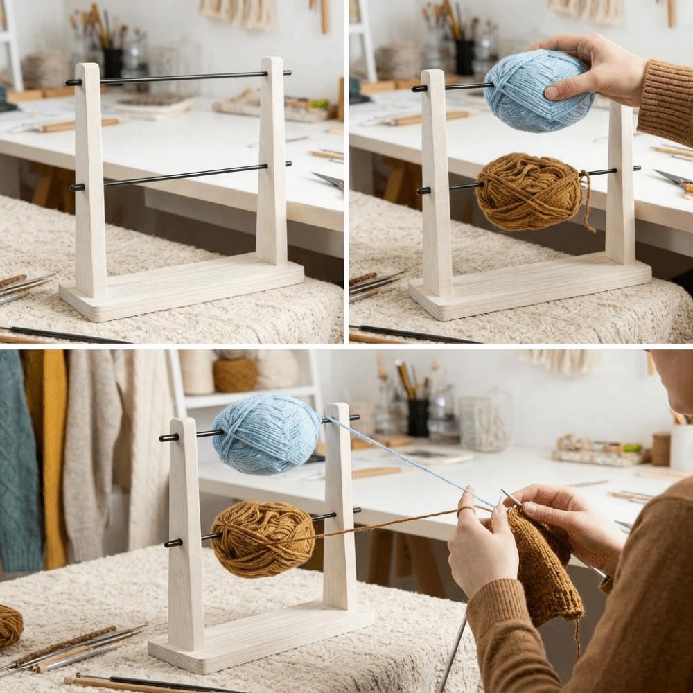Portable Solid Wood Wire Winding Rack Double Layer Detachable Spindle Winder Rotating Handmade Wool Storage Rack Crochet