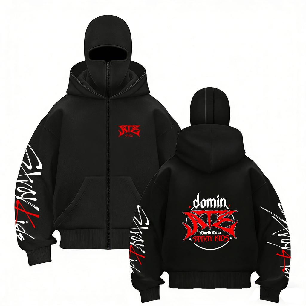 Stray Kids Skz Harajuku Printed Stray Kids Double Hood Zip-Up, Harajuku Print SKZ Hoodie for STAY Two-hat Zip-up Shirt for Men and Women