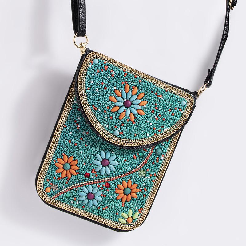 Bohemian Style Pu Flower Embellished Shoulder Bag With Magnet Closure For Daily Use
