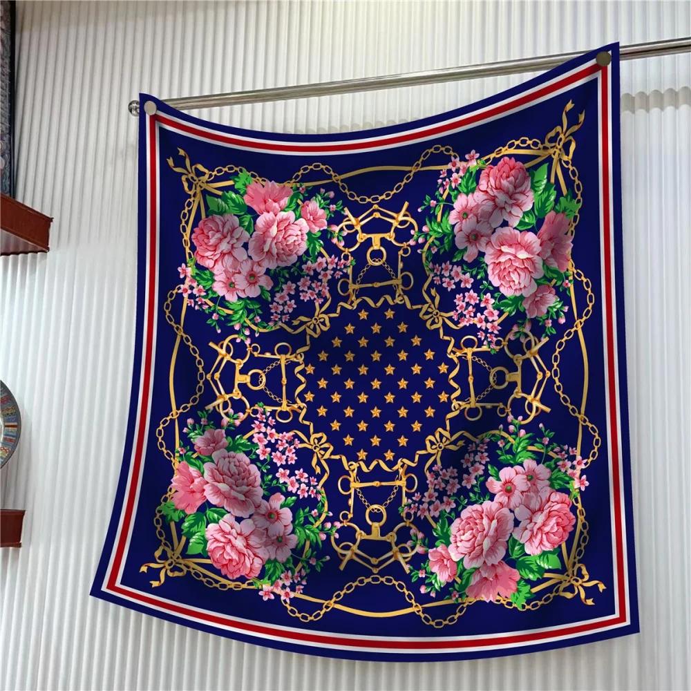 Silk Scarf Women Floral Printed Square Scarves Head Echarpes Silk Foulards Femme Wraps Beach Shawls Bandana Lady Hijabs 90CM