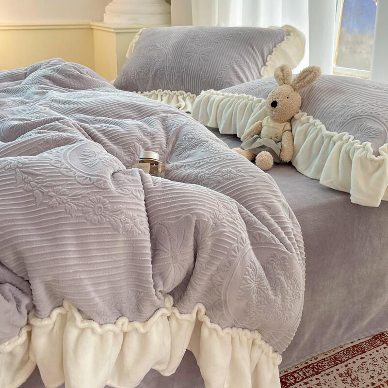 OEING Milk Velvet Ruffle Princess Bow Bedding Set