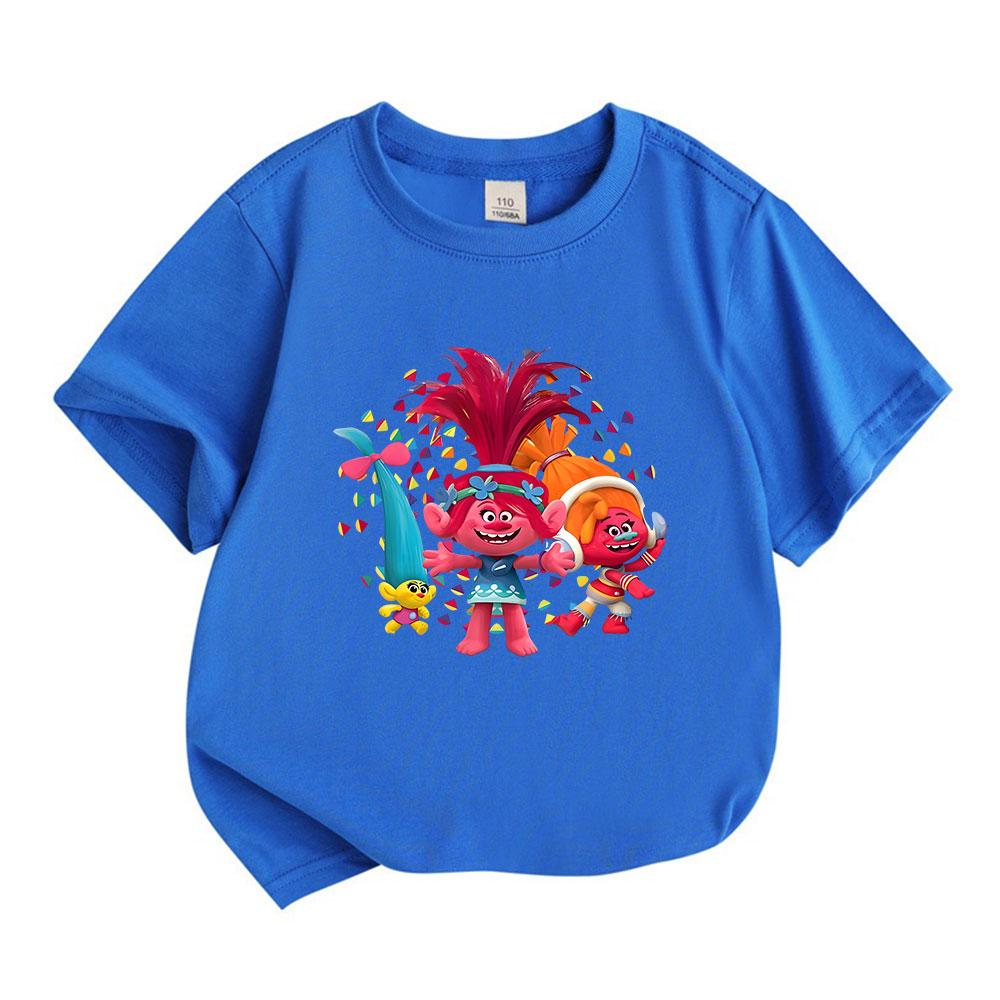 Kids Boys Girls 100% Cotton Crew Neck Short Sleeve T-Shirt, Cute Cartoon Troll Character Printed Casual Soft Lightweight Tee for Daily Wear Holiday Pa