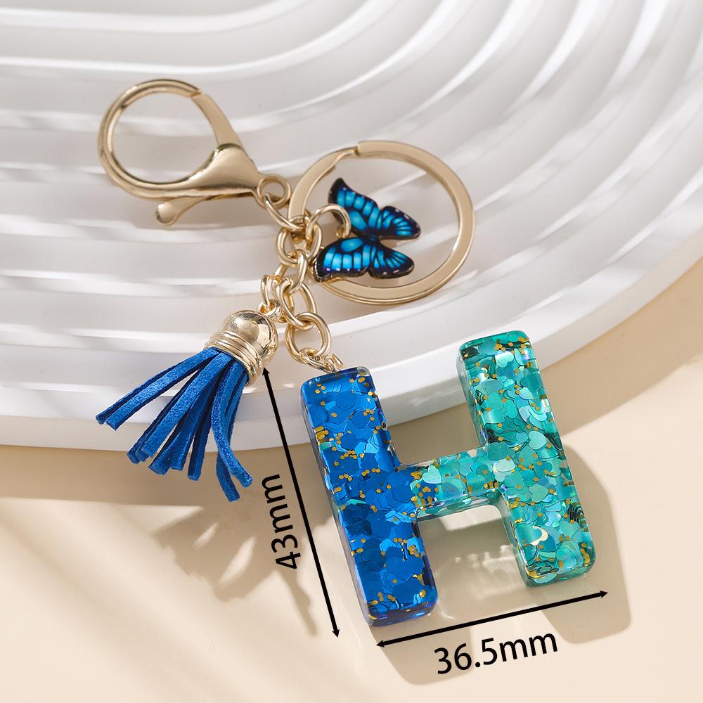 1pc Alloy Alphabet Initial Keychain Royal Blue Butterfly & Tassel Letter Keychain for Backpack Charm Accessory Key Ring Findings