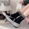 Ins-Style Double-Ribbed Plaid and Lace Mid-Calf Socks for Women - Korean Style, Perfect with Leather Shoes, Slouchy Fit