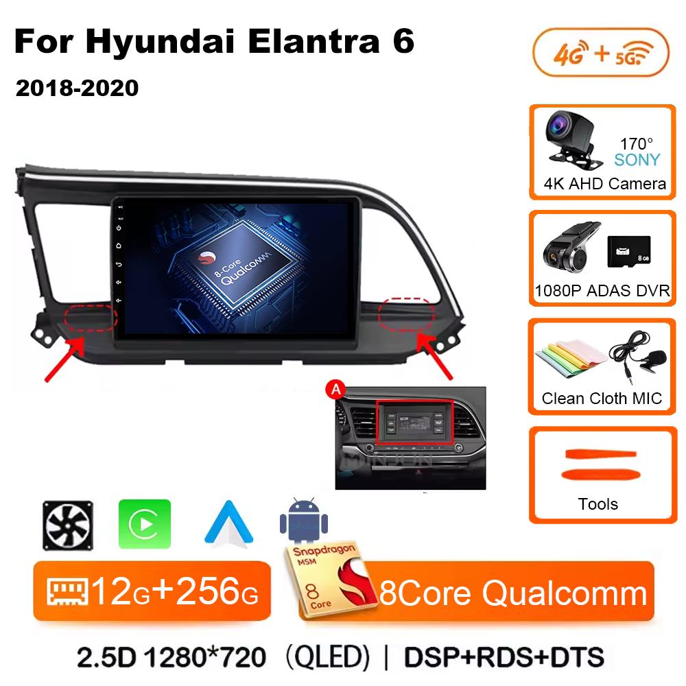For Hyundai Elantra 6 2018 2019 2020 Car Radio Multimedia Video GPS Android 14 Wireless Apple Carplay QLED Screen Head Unit