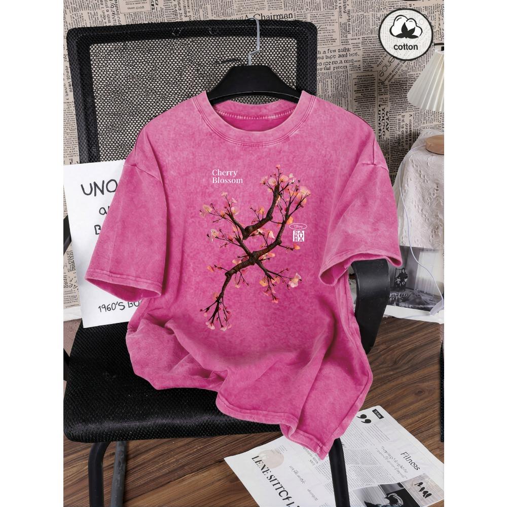 

Tokyo Harajuku Cherry Blossom Print Washed T-Shirts Women Cotton Casual T Shirt Y2K Summer Short Sleeves Oversize Tops 3XL