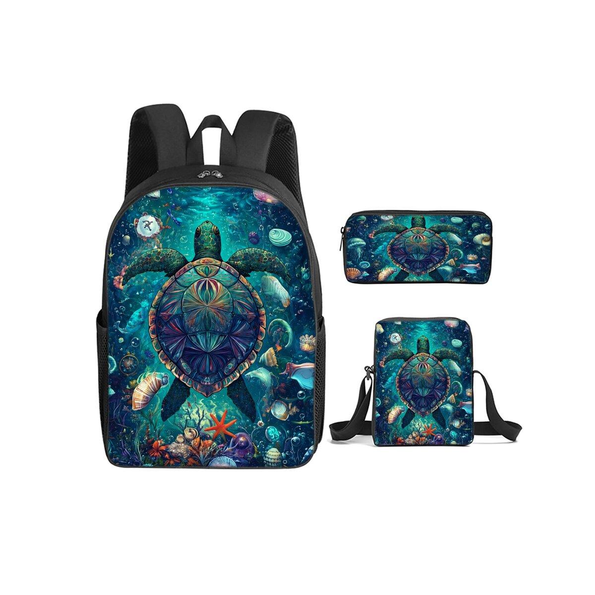 Zeeschildpad Koraalprint 3 Delen/Set Rugzak met Schoudertas, Etui voor Jongen/Meisje Beste Cadeau Cartoon Student Schooltassen