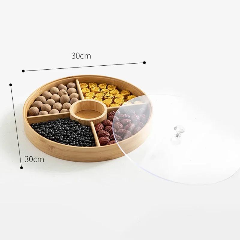 Bamboo Divided Nut Storage Tray Wooden Dried Fruit Candy Serving Trays with Lid Snack Dim Sum Platter for Parties Family