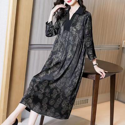 Casual Turn-down Collar Spliced Dresses Vintage Floral Printed Spring Summer 3/4 Sleeve Loose A-Line Long Dress