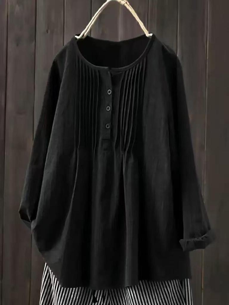 2025 Korean Style Loose Pleated Long-Sleeve Retro Cotton Linen Shirt for Women